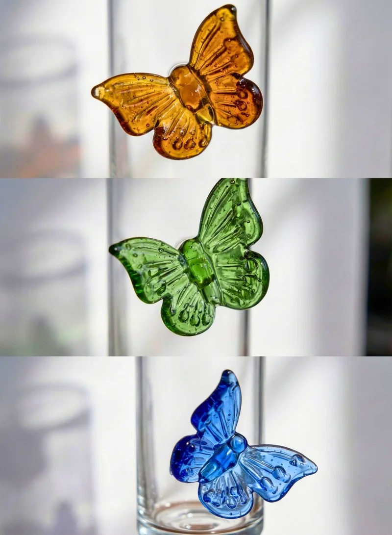1Chase  Butterfly Champagne Glass Set of 6, 180ML Flute Shape Wine Glasses with Sapphire, Emerald & Amber Butterfly Design, Elegant Glassware for Champagne, Red & White Wine  | Best Price UAE